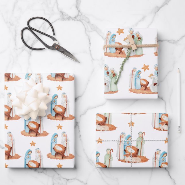 Minimalist Nativity Scenes Patterns Christmas Wrapping Paper Sheet (Front)