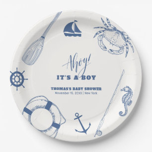 Minimalist Nautical Fishing Boy Baby Shower Paper Plate