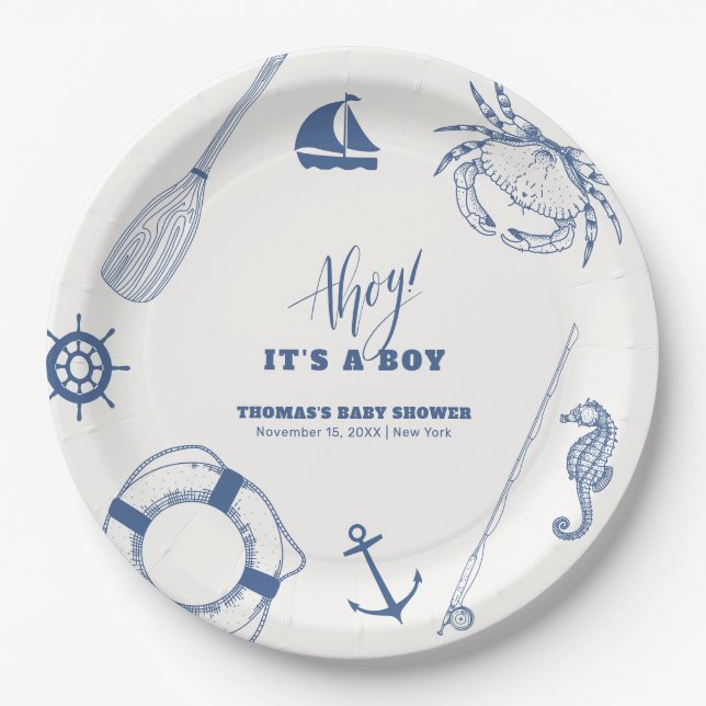 Minimalist Nautical Fishing Boy Baby Shower Paper Plate (Front)