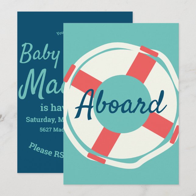 Minimalist Nautical Life Saver Aboard Round Invitation (Front/Back)