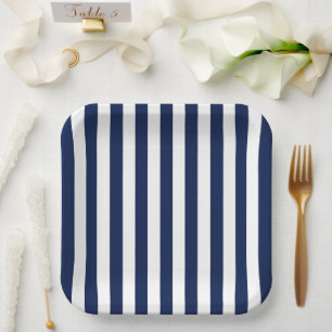 Minimalist Nautical Navy Blue And White Stripes Paper Plate