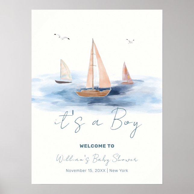 Minimalist Nautical Sailboat Baby Shower Welcome Poster (Front)