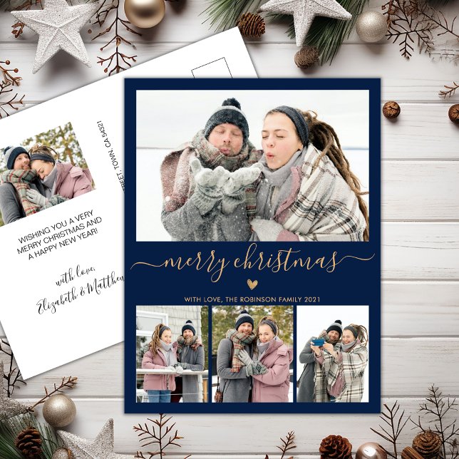 Minimalist Navy and Gold 4 Photo Collage Christmas Postcard (Creator Uploaded)
