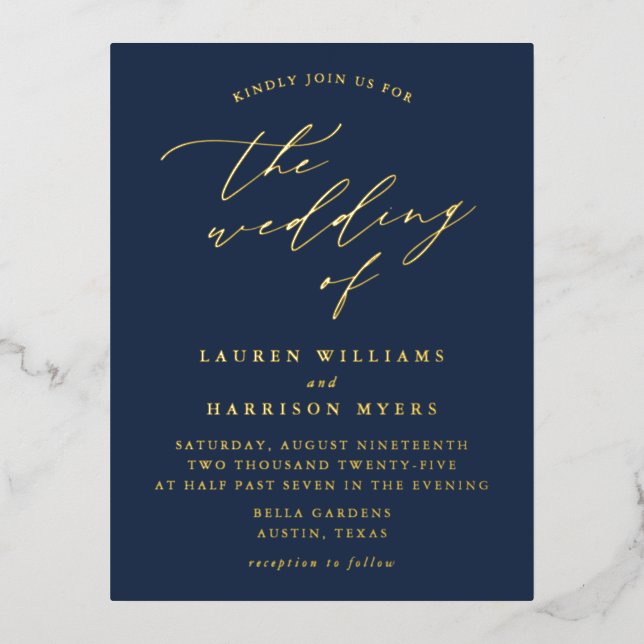 Minimalist Navy and Gold Calligraphy Wedding Foil Invitation Postcard (Front)