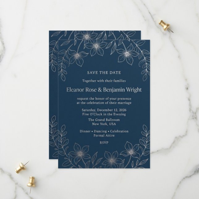 Minimalist Navy and Silver Floral Save the Date Ca (Front/Back In Situ)