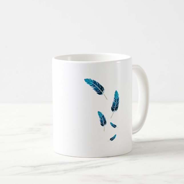 Minimalist Navy and Teal Falling Feathers Aestheti Coffee Mug (Front Right)