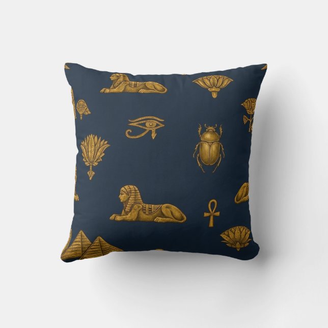 Minimalist Navy & Antique Gold Egyptian Pattern Cushion (Back)