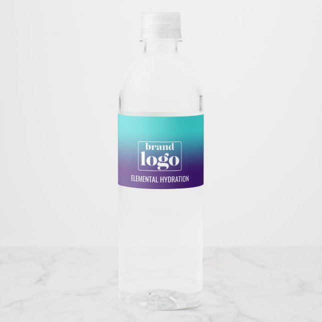 Minimalist Navy Aqua Gradient Elemental Logo Water Bottle Label (Front)