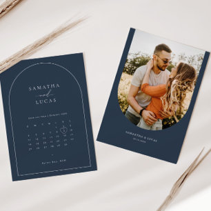 Minimalist navy arch photo calendar Save the Date Invitation