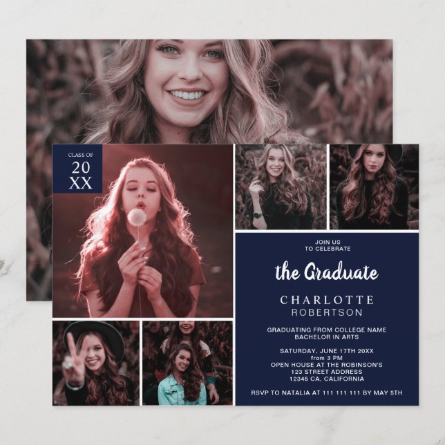 Minimalist navy blue 6 photos collage graduation invitation (Front/Back)