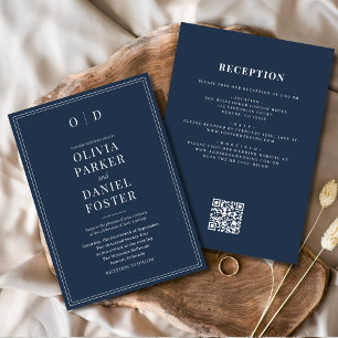 Minimalist Navy Blue All in One QR Code Wedding Invitation