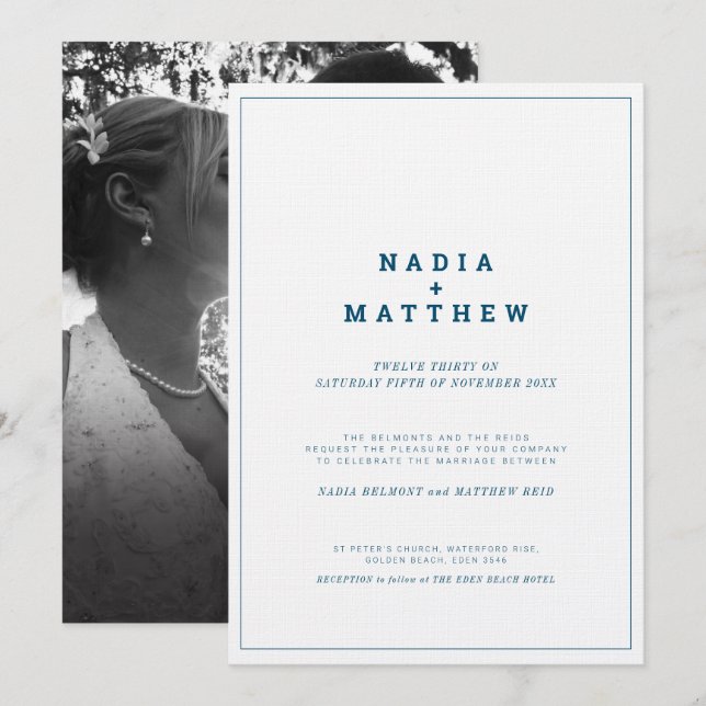 Minimalist navy blue and white text photo wedding invitation (Front/Back)