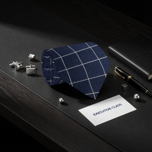 Minimalist Navy Blue and White Windowpane Grid Tie