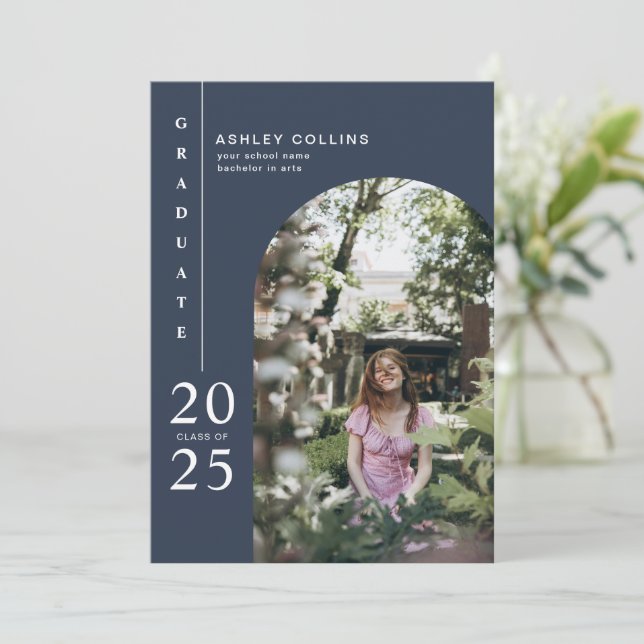 Minimalist Navy Blue Arch Photo Graduation Party Invitation (Standing Front)