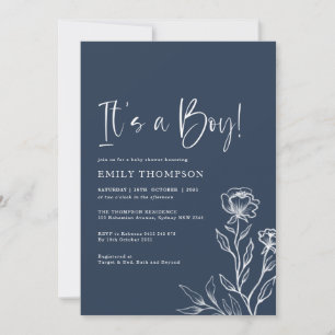 Minimalist Navy Blue Botanical Boy Baby Shower Invitation