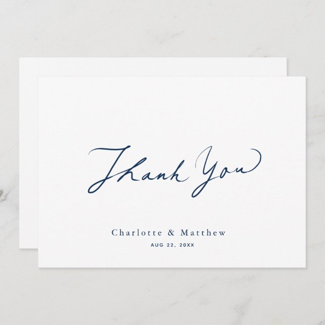 Minimalist Navy Blue Calligraphy Wedding Thank You Card (Front/Back)