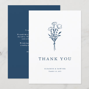 Minimalist Navy Blue Floral Bouquet Wedding Thank You Card