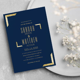 Minimalist navy blue glam gold glitter Wedding Invitation