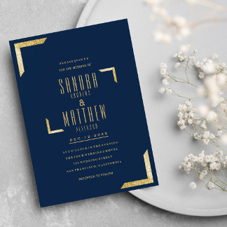 Minimalist navy blue glam gold glitter Wedding Invitation