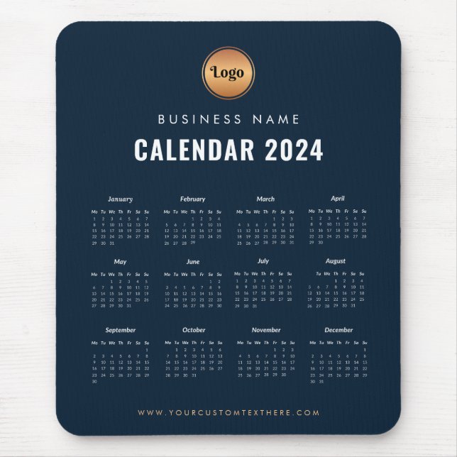 Minimalist Navy Blue Gold 2024 Magnetic Calendar Mouse Mat (Front)