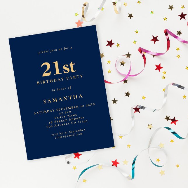 Minimalist Navy Blue Gold 21st Birthday Invitation (Creator Uploaded)