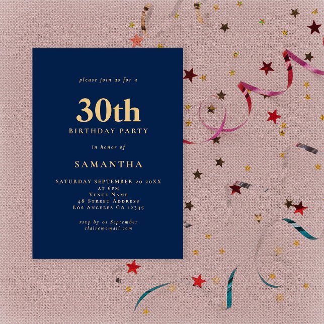 Minimalist Navy Blue Gold 30th Birthday Invitation (Creator Uploaded)
