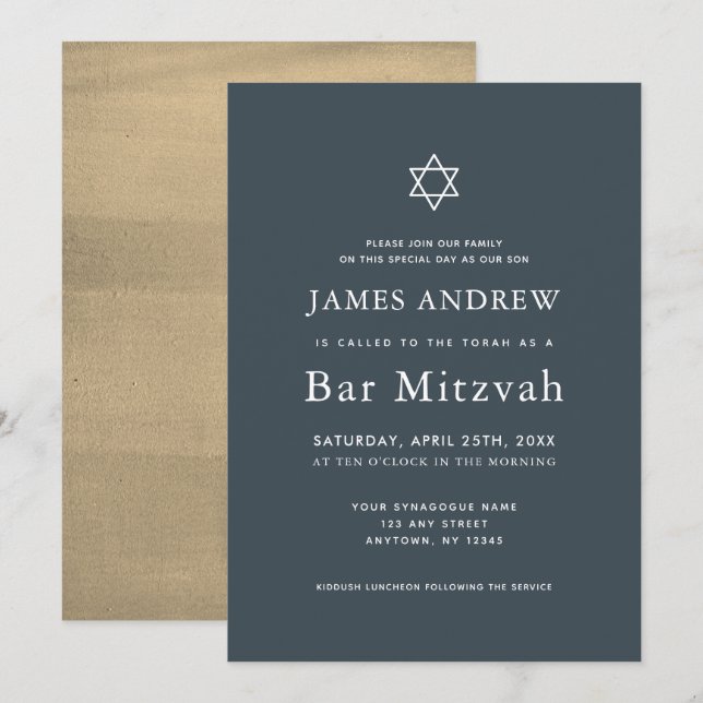 Minimalist Navy Blue & Gold Bar Mitzvah Invitation (Front/Back)