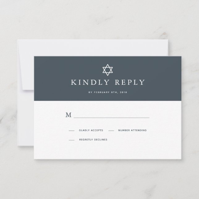 Minimalist Navy Blue & Gold Bar Mitzvah RSVP Card (Front)
