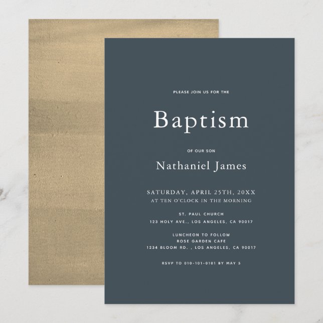 Minimalist Navy Blue & Gold Boy Baptism Invitation (Front/Back)