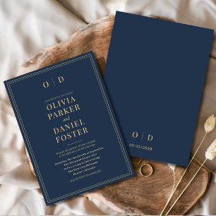 Minimalist Navy Blue Gold Elegant Modern Wedding Invitation