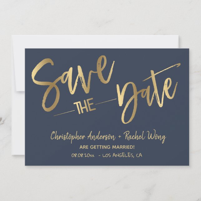Minimalist Navy Blue Gold Foil Save the Date Invitation (Front)
