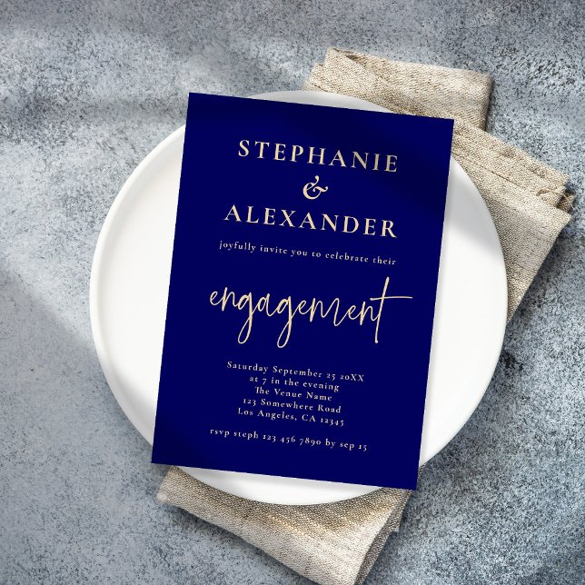 Minimalist Navy Blue Gold Script Engagement Invitation (Creator Uploaded)