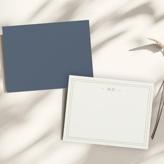 Minimalist Navy Blue & Gold Two Border Monogram Card (Creator Uploaded)