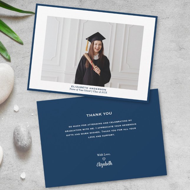Minimalist Navy Blue Graduate Photo Graduation Thank You Card (Creator Uploaded)
