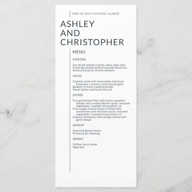 Minimalist Navy Blue Isolated Names Wedding Menu (Front)