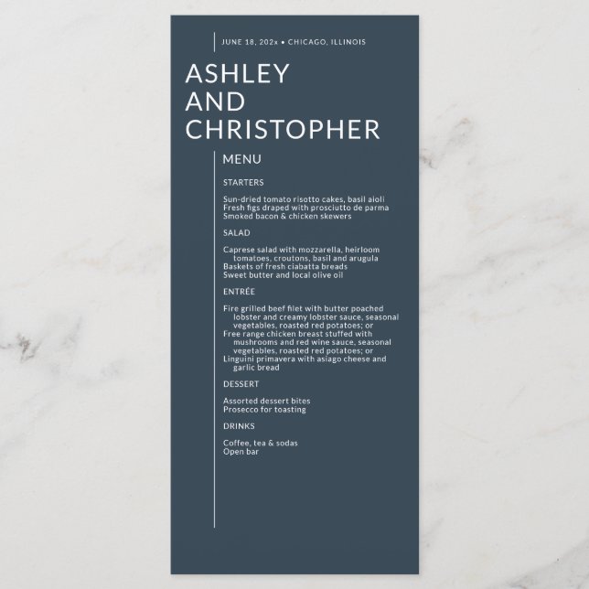 Minimalist Navy Blue Isolated Names Wedding Menu (Front)