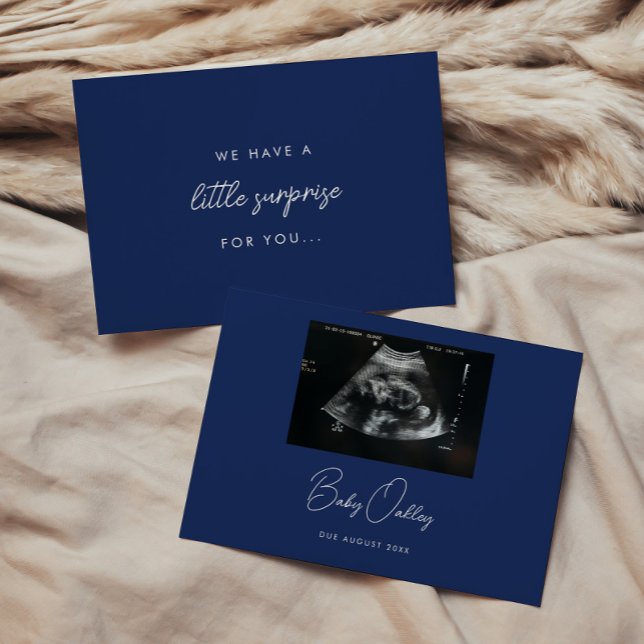 Minimalist Navy Blue 'Little Surprise' Pregnancy Announcement (Creator Uploaded)
