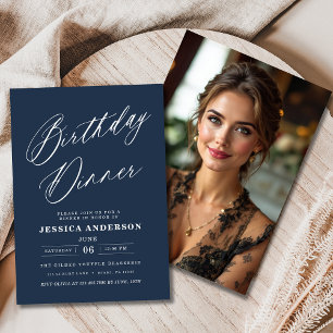 Minimalist Navy Blue Modern Birthday Dinner Photo Invitation