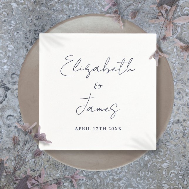Minimalist Navy Blue Modern Script Wedding Napkin (Minimalist Navy Blue Modern Script Wedding Napkins)