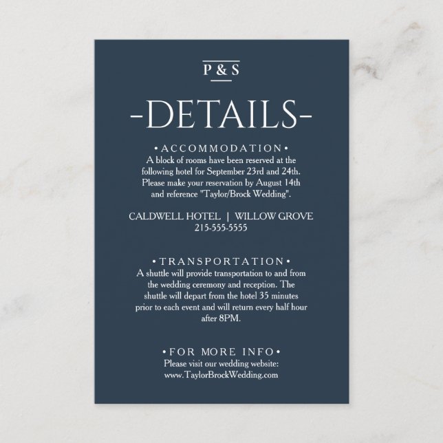 Minimalist Navy Blue Monogram Chic Wedding Details Enclosure Card (Front)
