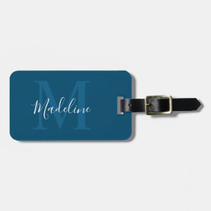 Minimalist Navy Blue Monogram Name Script Initial Luggage Tag