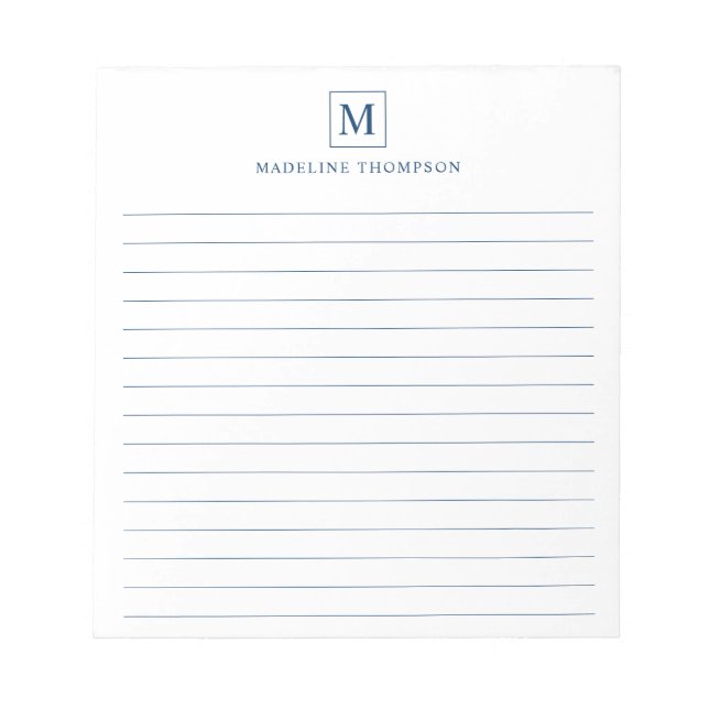 Minimalist Navy Blue Monogram Square Lined Notepad (Front)