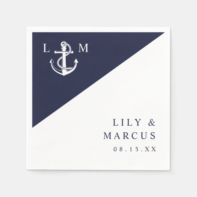 Minimalist Navy Blue Nautical Monogram Wedding Napkin (Front)
