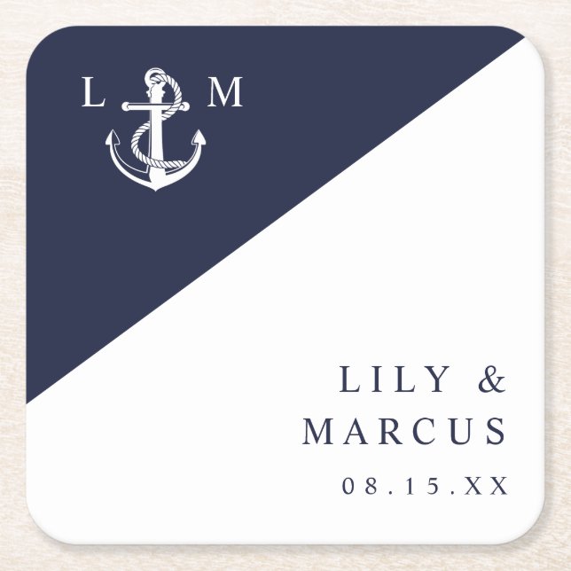 Minimalist Navy Blue Nautical Monogram Wedding Square Paper Coaster (Front)