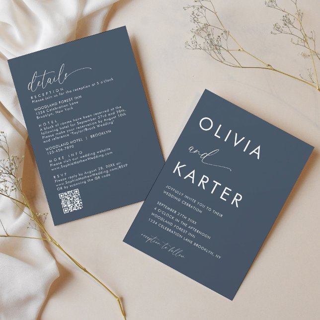 Minimalist Navy Blue QR Code All in One Wedding Invitation (Creator Uploaded)
