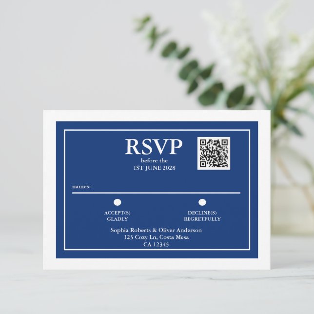 Minimalist Navy Blue QR Code Wedding RSVP Card (Standing Front)
