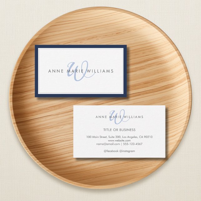 Minimalist Navy Blue Script Two Border Monogram Business Card (Creator Uploaded)
