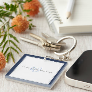 Minimalist Navy Blue Script Two Border Monogram Key Ring