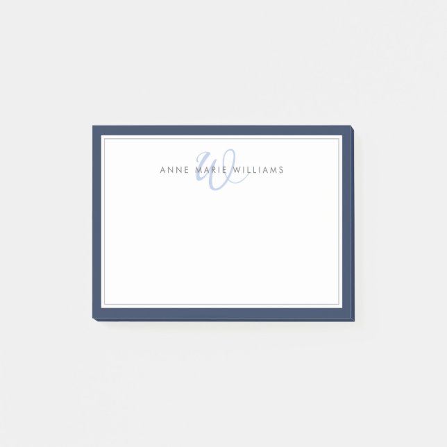 Minimalist Navy Blue Script Two Border Monogram  Post-it Notes (Front)