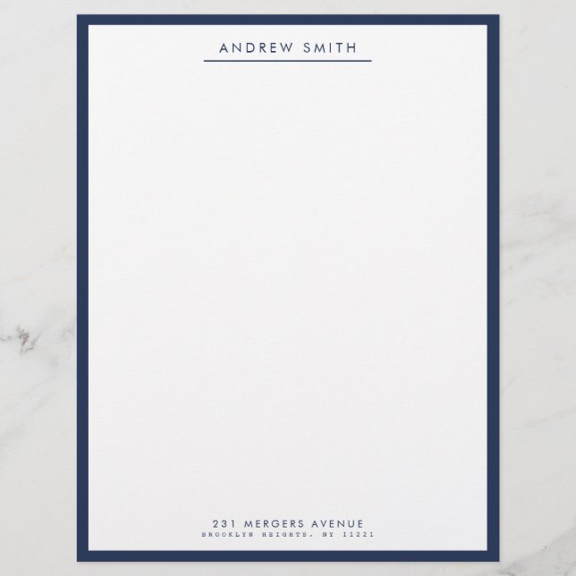 Minimalist Navy Blue Simple Line Name Address Custom Letterhead (Front)